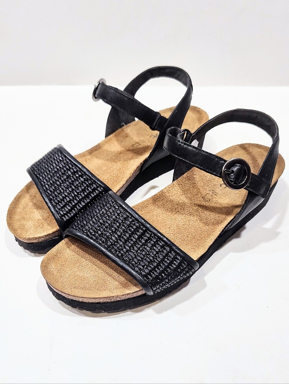 Naot Cecile Womens EU 41 US 10 Black Leather Raffia Comfort Sandals Orthotic